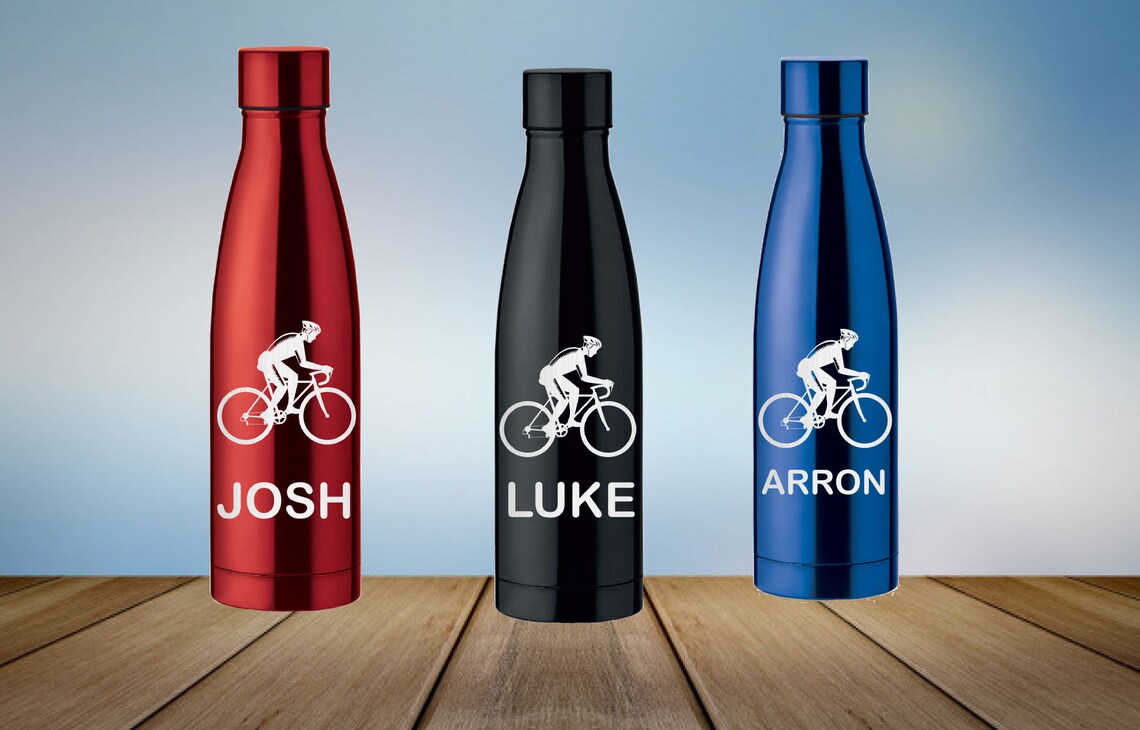 Personalised sports water bottles with names and graphics